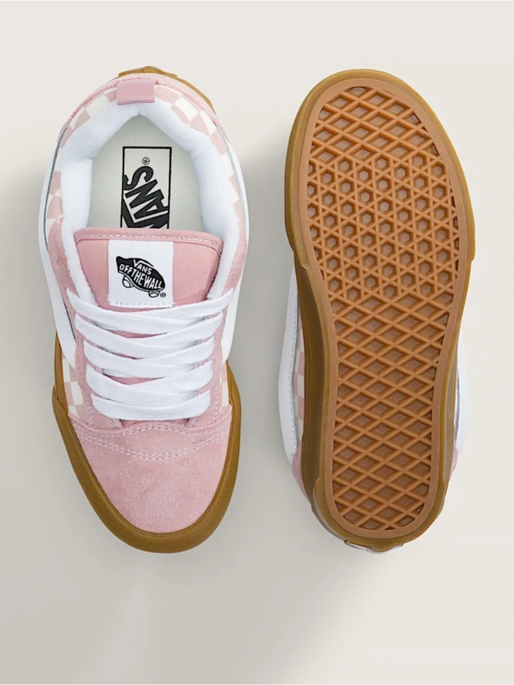 Vans Pink and Cream Checkerboard Old Skool with Gum Sole Big Kids Knu Skool Shoe